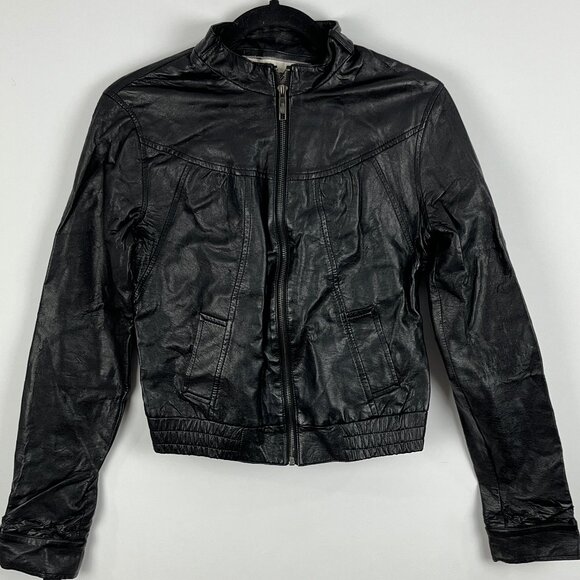 Kismet Cropped Biker Jacket Size S Black Faux Leather Long Sleeve Full Zip Band - Picture 1 of 9